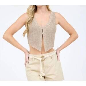 NEW THE WORKSHOP front hook cropped knit cardigan vest in taupe